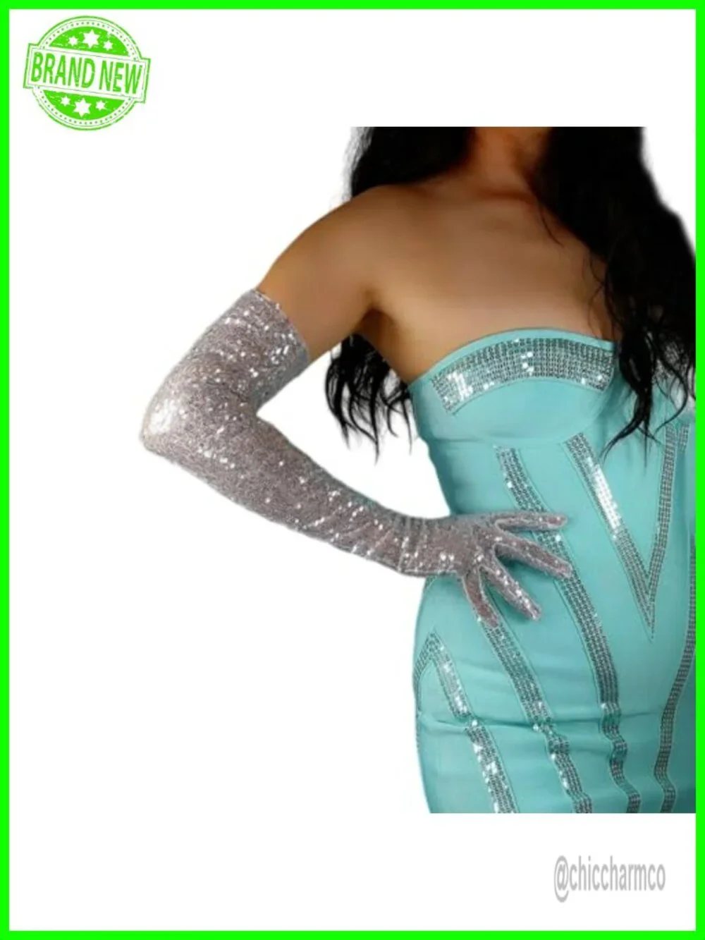 Sequin Long Gloves for Women Tulle Lace Mesh Semi Sheer Evening Party Glove